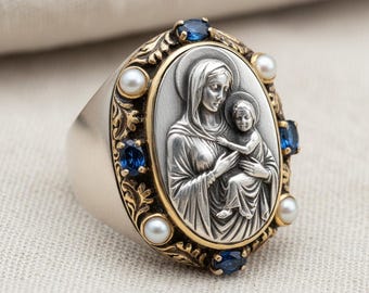 Anello con sigillo della Vergine Maria Bambina, placcato oro argento, con pietra blu e perla.