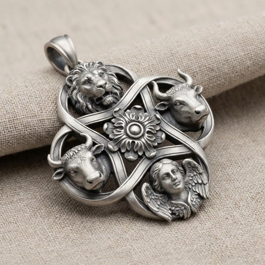 Sterling Silver Lion Bull Angel Pendant, Celtic Knot Guardian Amulet ...