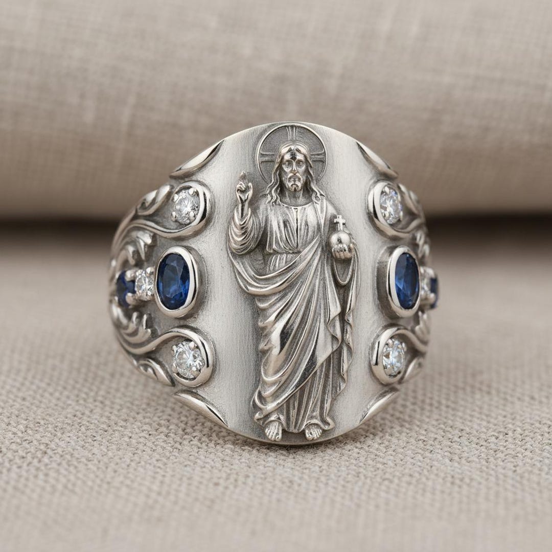 Jesus Signet Ring, Sacred Heart Christ Ring With Blue Stones, Silver ...
