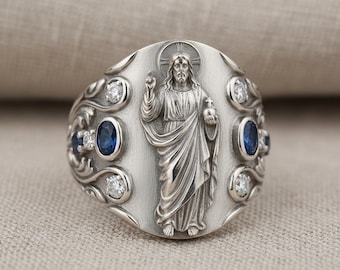 Anello con sigillo del Sacro Cuore di Gesù in argento con pietre blu e trasparenti