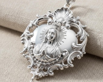 Sterling Silver Ornate Baroque Virgin Mary Pendant, Catholic Religious Medal Charm