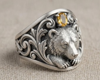 Anillo de oso de plata de ley con piedra amarilla, anillo de sello de vida silvestre, joyería de naturaleza con tótem animal, regalo para él.
