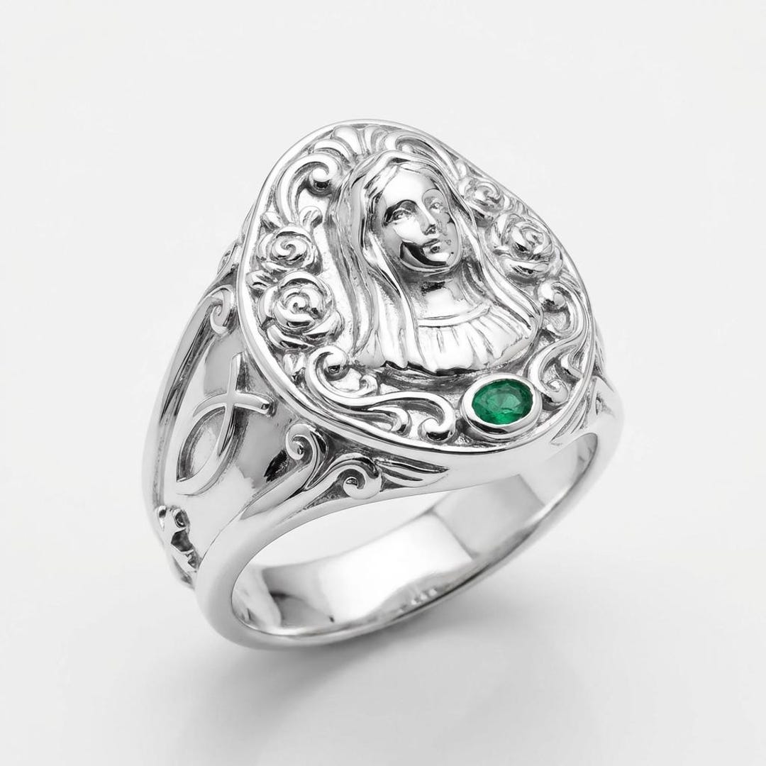 Sterling Silver Christian Signet Ring With Green Stone | 925 Religious ...