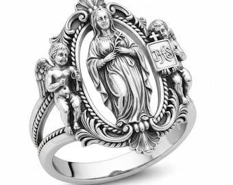 Virgin Mary Cherub Ring, Gothic Baroque Sterling Silver Statement Jewelry