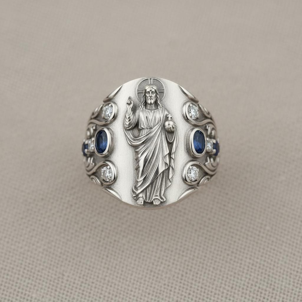 Jesus Signet Ring, Sacred Heart Christ Ring With Blue Stones, Silver ...