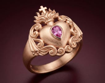 Anillo barroco del Sagrado Corazón, chapado en oro rosa, plata de ley, piedra preciosa rosa cristiana, joyería religiosa católica