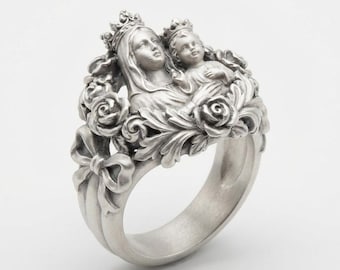 Baroque Virgin Mary Child Ring | Sterling Silver Statement Religious Jewelry