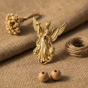 May include: A gold-colored pendant featuring an angel with outstretched wings, holding a cross and standing over a lion. The pendant has a red gemstone in the center. The image also includes dried flowers, twine, and two wooden beads.
