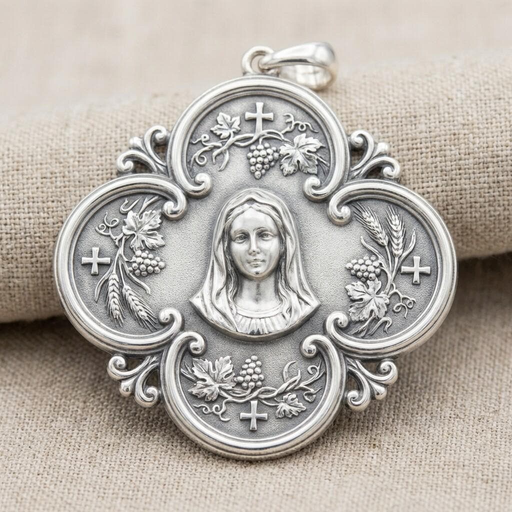 Virgin Mary Pendant Necklace, Silver Catholic Medal With Grapes Wheat ...