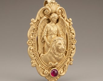 Guardian Angel Lion Pendant, Gold Plated Gothic Necklace, Red Stone Faith Jewelry