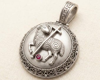 Lamb of God Pendant Necklace, Agnus Dei Christian Medallion, Silver Religious Charm with Cross and Red Stone