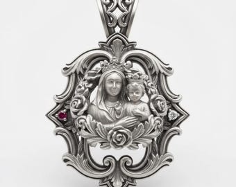 Ciondolo Vergine Maria Bambina in argento, stile gotico floreale, ciondolo religioso per collana.