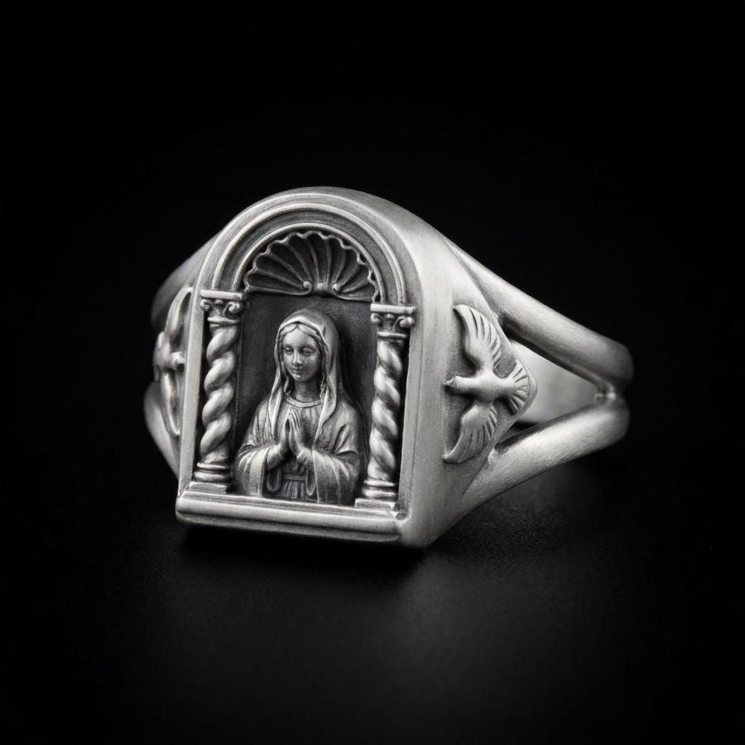 Sterling Silver Saint Prayer Ring, Dove Signet, Religious Christian ...