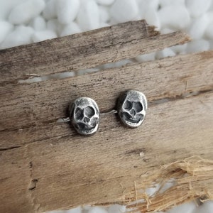 Dainty Skull Stud Earrings. Argentium Sterling Silver Skulls. Recycled Silver Stud Earrings. Halloween Earrings. Spooky Jewelry. Hand forged image 1