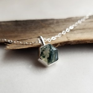 Moss Agate Necklace. Gemstone Drop Necklace. Moss Agate Hexagon. Layering Necklace. Green Gemstone Necklace. Simple Geometric Jewelry image 2