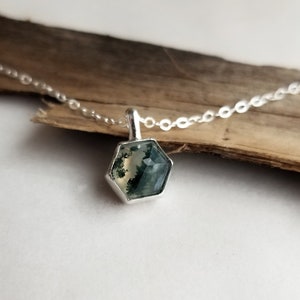 Moss Agate Necklace. Gemstone Drop Necklace. Moss Agate Hexagon. Layering Necklace. Green Gemstone Necklace. Simple Geometric Jewelry image 1