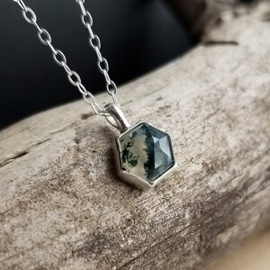 Moss Agate Necklace. Gemstone Drop Necklace. Moss Agate Hexagon. Layering Necklace. Green Gemstone Necklace. Simple Geometric Jewelry image 5