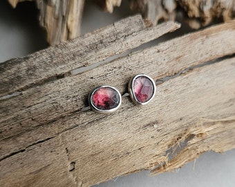 Bio Tourmaline Stud Earrings. Tiny Pink Tourmaline Earrings. Argentium Silver Earrings. Mismatched Stud Earrings. Dainty Everyday Earrings.