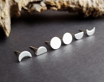 Silver Moon Phase Earrings. Moon Phase Studs. Lunar Cycle Stud Earrings. Celestial Earrings. Full Moon Studs. Silver Crescent Moon. Halfmoon