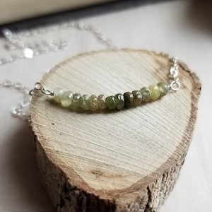 Green Garnet Necklace. Grossular Garnet Bar Necklace. Simple Silver Necklace. January Birthstone. Gemstone Jewelry. Layering Necklace.