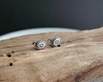 Southwestern Floral Studs. Dainty Oval Concho Stud Earrings. Recycled Silver Studs. Simple Everyday Jewelry. Lightweight Earrings.