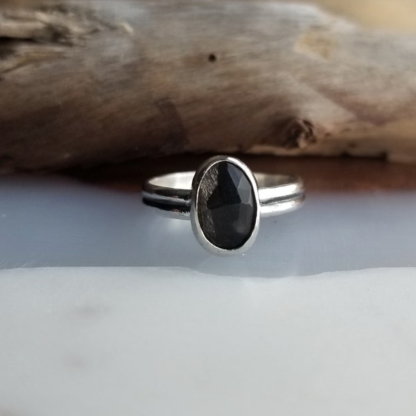 Black Fire Moonstone Ring. Golden Black Moonstone Ring. June Birthstone. Black Gemstone Jewelry. Everyday Ring. Argentium Sterling Silver.