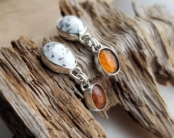 Dendritic Opal and Orange Kyanite Earrings. Gemstone Studs. Dangle Stud Earrings. White Gemstone Earrings. Orange Gemstone Earrings.