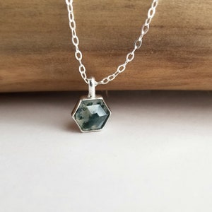 Moss Agate Necklace. Gemstone Drop Necklace. Moss Agate Hexagon. Layering Necklace. Green Gemstone Necklace. Simple Geometric Jewelry image 4