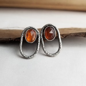 Orange Kyanite Earrings. Argentium Silver Stud Earrings. Orange Kyanite Studs. Textured Silver Frame Earrings. Oval Gemstone Earrings.