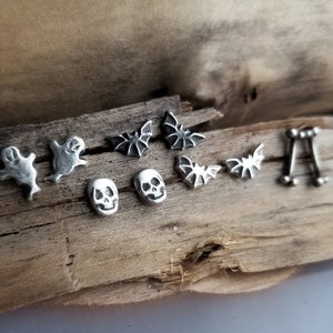 Dainty Skull Stud Earrings. Argentium Sterling Silver Skulls. Recycled Silver Stud Earrings. Halloween Earrings. Spooky Jewelry. Hand forged image 9