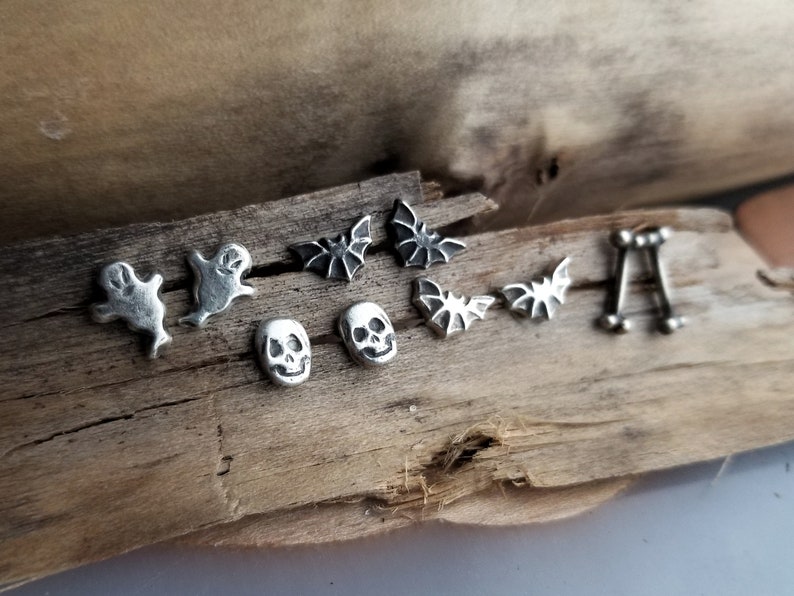 Dainty Skull Stud Earrings. Argentium Sterling Silver Skulls. Recycled Silver Stud Earrings. Halloween Earrings. Spooky Jewelry. Hand forged image 9