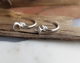 Celestial Hoop Earrings. Silver Moon and Star Earrings. Argentium Silver Stud Earrings. Recycled Silver Hoop Earrings. Lightweight Earrings.