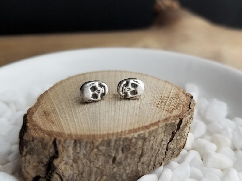 Dainty Skull Stud Earrings. Argentium Sterling Silver Skulls. Recycled Silver Stud Earrings. Halloween Earrings. Spooky Jewelry. Hand forged image 5