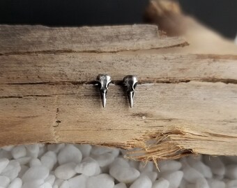 Tiny Sparrow Skull Stud Earrings. Dainty Bird Skull Earrings. Everyday Jewelry. Sterling Silver Studs. Silver Skull Studs. Lightweight Studs