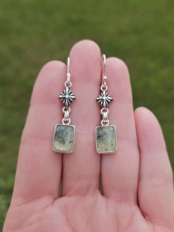 Prehnite Earrings. Green Gemstone Earrings. Argentium Silver Pendant Earrings. Diamond Concho Earrings. Everyday Dangle Earrings.