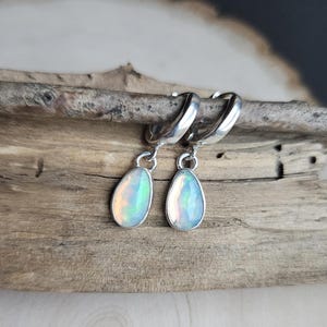Opal Hoop Earrings. Gemstone Huggy Hoop. Sterling Silver Huggie Hoops. Ethiopian Opal Earrings. October Birthstone Earrings. Iridescent Opal
