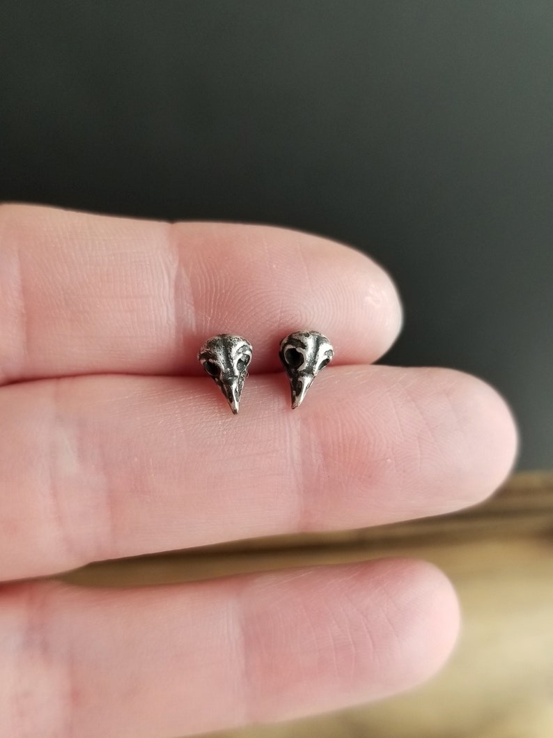 Tiny Owl Skull Stud Earrings. Dainty Bird Skull Earrings. Everyday Jewelry. Sterling Silver Studs. Silver Skull Studs. Lightweight Studs image 3