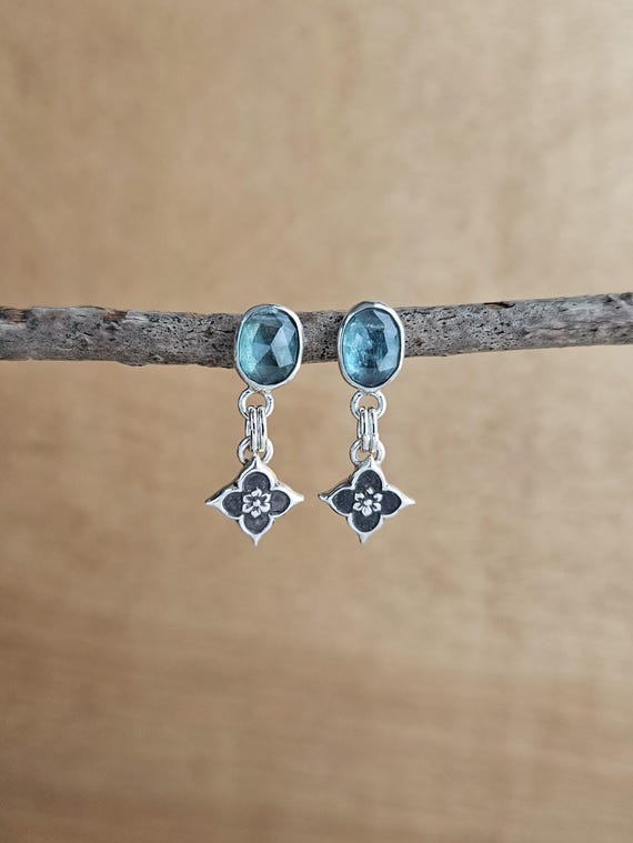 Kyanite Gothic Floral Earrings. Green Blue Gemstone Dangle Studs. Hand Forged Argentium Silver Earrings. Hypoallergenic.
