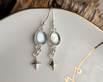 Aquamarine Celestial Earrings. Aquamarine Dangle Earrings. Argentium Silver Earrings. Gemstone and Star Earrings. March Birthstone Earrings.