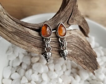 Orange Kyanite Owl Sull Earrings. Orange Gemtone Earrings. Argentium Sterling Silver. Dangle Stud Earrings. Owl Skulls. Everyday Earrings.