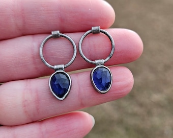 Iolite Door Knocker Earrings. Celestial Earrings. Blue Gemstone Studs. Dark Silver Stud Earrings. Dangle Stud Earrings. Lightweight Everyday