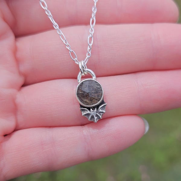 Black Fire Moonstone Bat Pendant. Silver Bat Pendant Necklace. Black Gemstone Pendant Necklace. Silver Bat Pendant Necklace. Spooky Season.