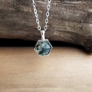 Moss Agate Necklace. Gemstone Drop Necklace. Moss Agate Hexagon. Layering Necklace. Green Gemstone Necklace. Simple Geometric Jewelry image 8