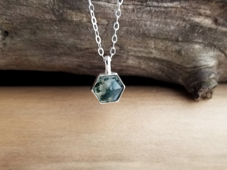 Moss Agate Necklace. Gemstone Drop Necklace. Moss Agate Hexagon. Layering Necklace. Green Gemstone Necklace. Simple Geometric Jewelry image 8