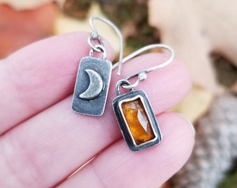 Mismatched Moon and Gemstone Earrings. Orange Kyanite Earrings. Argentium Silver Dangle Earrings. Crescent Moon Earrings. Everyday Earrings.