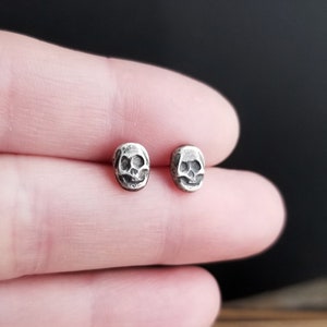 Dainty Skull Stud Earrings. Argentium Sterling Silver Skulls. Recycled Silver Stud Earrings. Halloween Earrings. Spooky Jewelry. Hand forged image 4