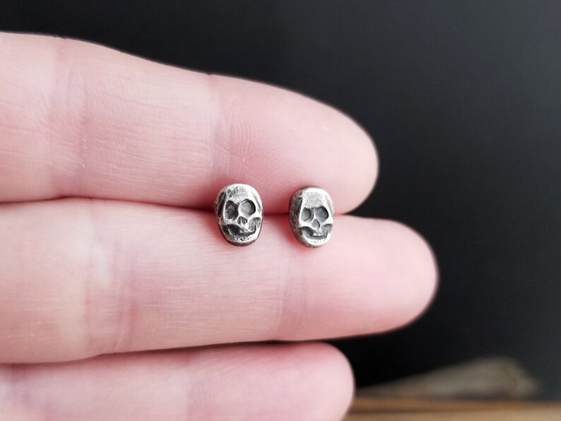 Dainty Skull Stud Earrings. Argentium Sterling Silver Skulls. Recycled Silver Stud Earrings. Halloween Earrings. Spooky Jewelry. Hand forged image 4