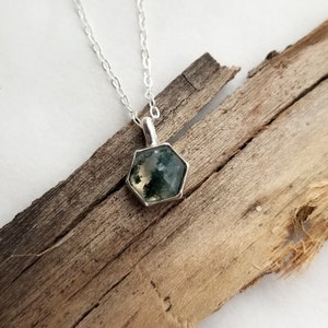 Moss Agate Necklace. Gemstone Drop Necklace. Moss Agate Hexagon. Layering Necklace. Green Gemstone Necklace. Simple Geometric Jewelry image 7