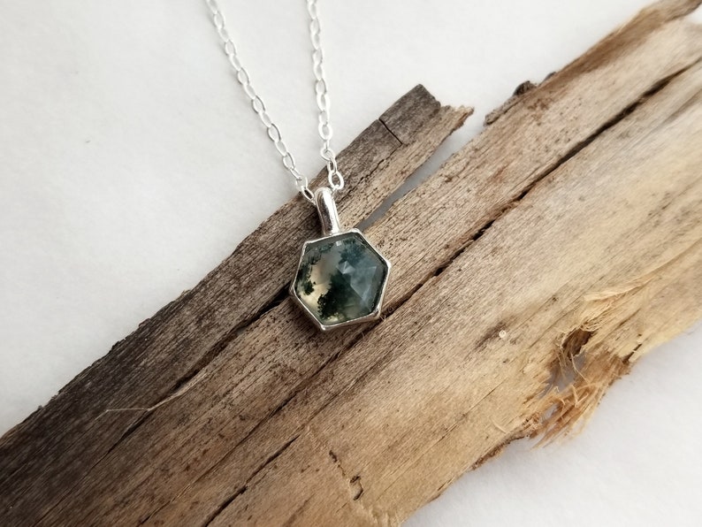 Moss Agate Necklace. Gemstone Drop Necklace. Moss Agate Hexagon. Layering Necklace. Green Gemstone Necklace. Simple Geometric Jewelry image 7