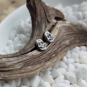 Dainty Skull Stud Earrings. Argentium Sterling Silver Skulls. Recycled Silver Stud Earrings. Halloween Earrings. Spooky Jewelry. Hand forged image 3
